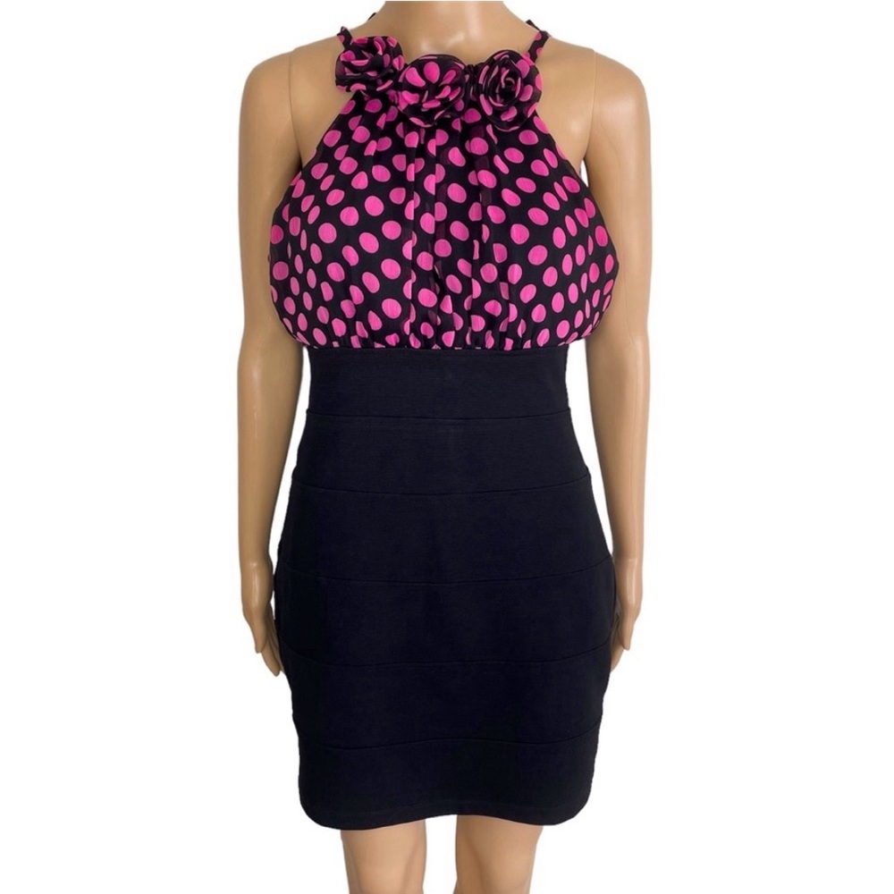 Love Tease Black & Pink Polka Open Back Bodycon Sleeveless Mini Cocktail Dress